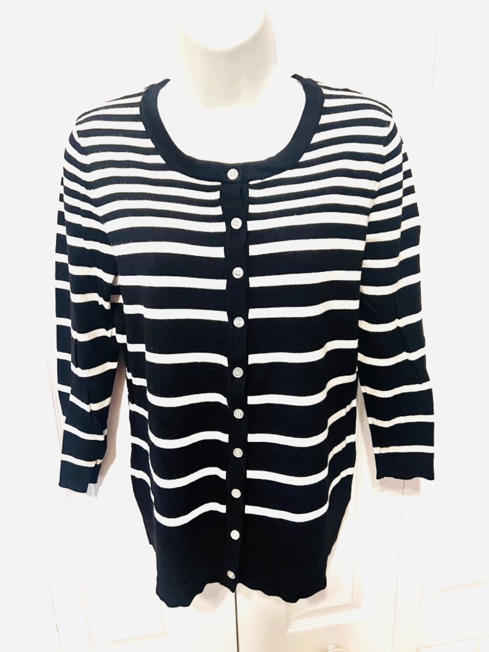 George Women's Black/White Striped Medium Button Up Cardigan Sweater-3/4 Sleeves